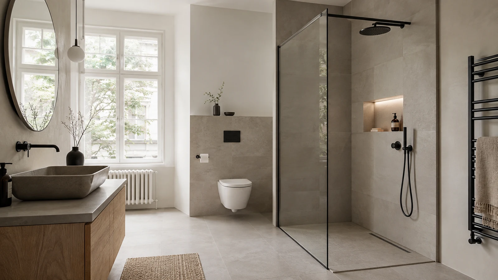 Badsanierung im Altbau: fertig saniertes Bad im Berliner Altbau mit bodengleicher Dusche
