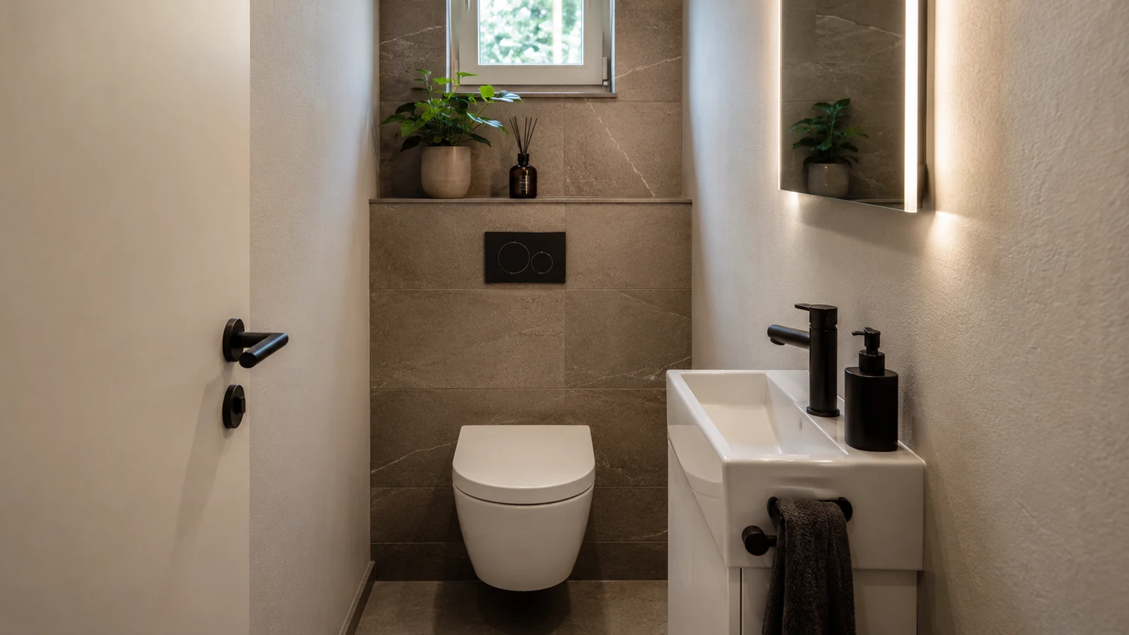 Badsanierung Bauzeit: Gäste-WC mit Handwaschbecken und Spiegel auf kleiner Fläche