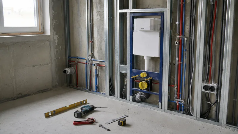 Badumbau Berlin: Rohinstallation mit Vorwandelement und neuen Wasserleitungen