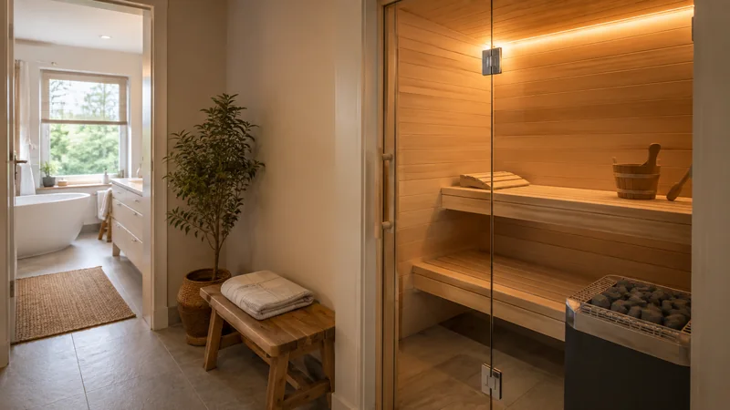 Sauna im Bad: aus Holz, in das Badezimmer integriert