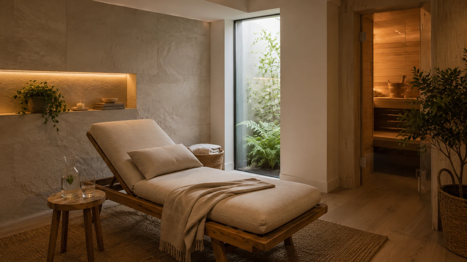 Wellnessbereich zu Hause: Ruhebereich mit Liege und warmem Licht neben dem Bad