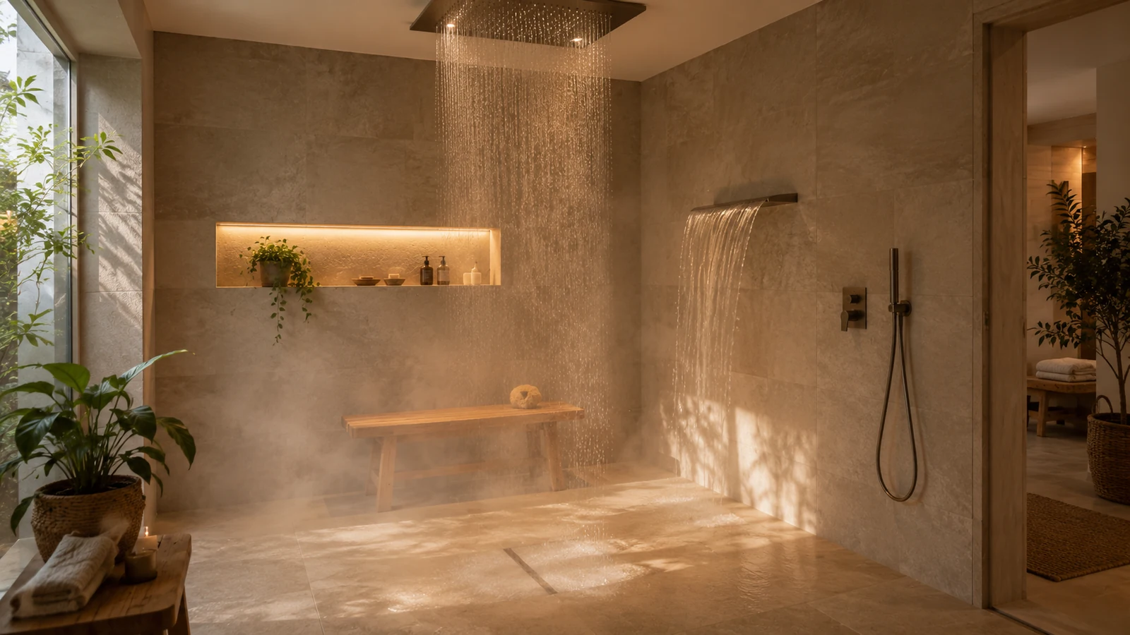 Badsanierung Kosten Berlin: große Erlebnisdusche mit Regenbrause und Lichtstimmung