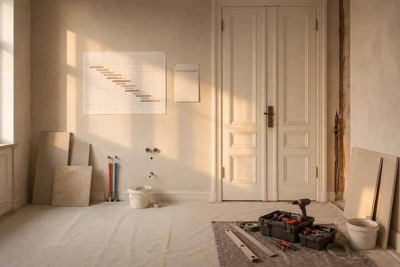 Badsanierung Bauzeit: aufgeräumte Badbaustelle mit Bauzeitenplan an der Wand