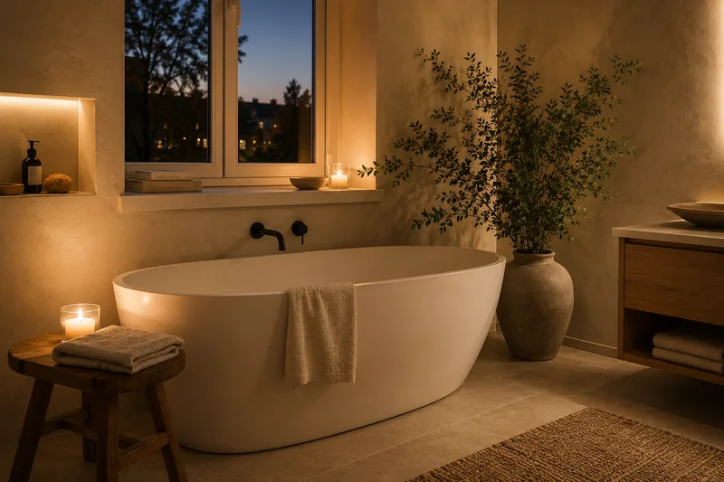 Wohlfühlbad in Berlin: freistehende Badewanne am Fenster im warmen Abendlicht