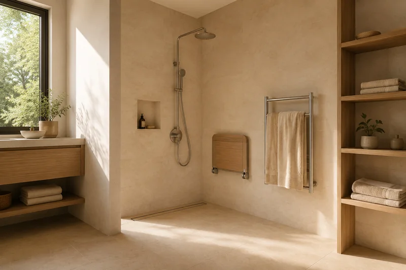 Förderung Badumbau Berlin: schwellenlose Dusche mit Klappsitz und elegantem Haltegriff