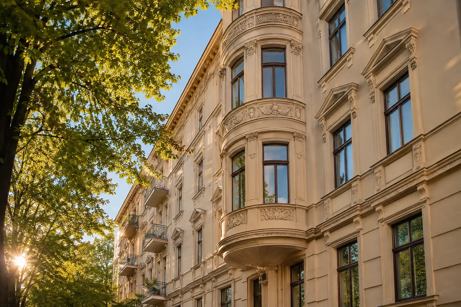 Badsanierung Moabit: Gründerzeit-Altbau mit rundem Erker und sanierter Fassade