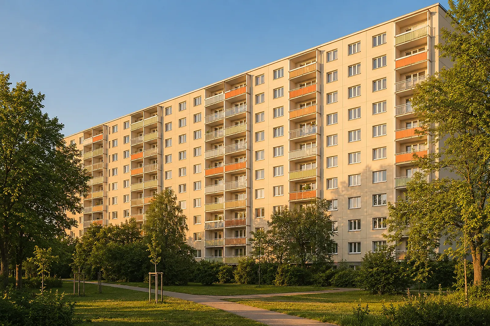 Badsanierung Lichtenberg: sanierte Plattenbauzeile mit farbigen Balkonen