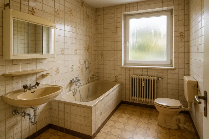 Asbest im Bad: unsaniertes Badezimmer aus den 1970er Jahren mit alten Fliesen