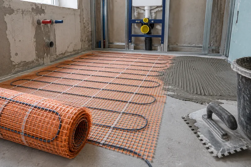 Fußbodenheizung im Bad: elektrische Heizmatte im Rohbau ausgerollt, daneben die Zahnkelle vor der Vorwand