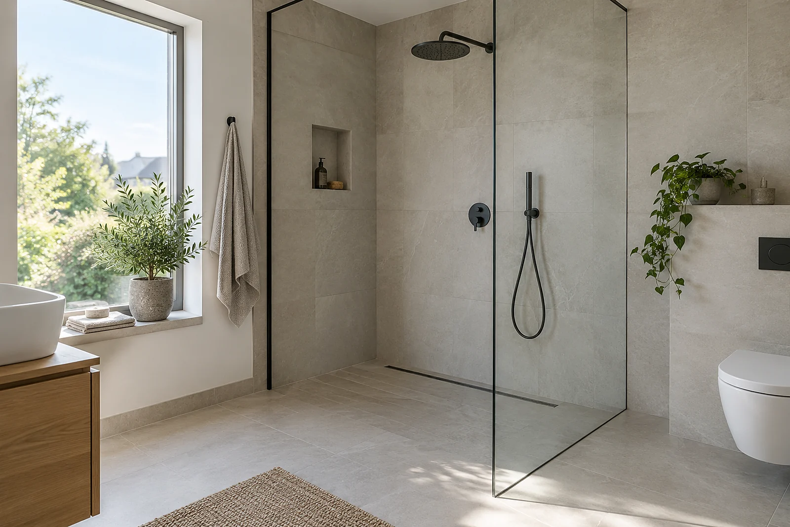 feste Walk-in-Scheibe aus Klarglas mit schmalem schwarzem Profil an der bodengleichen Dusche