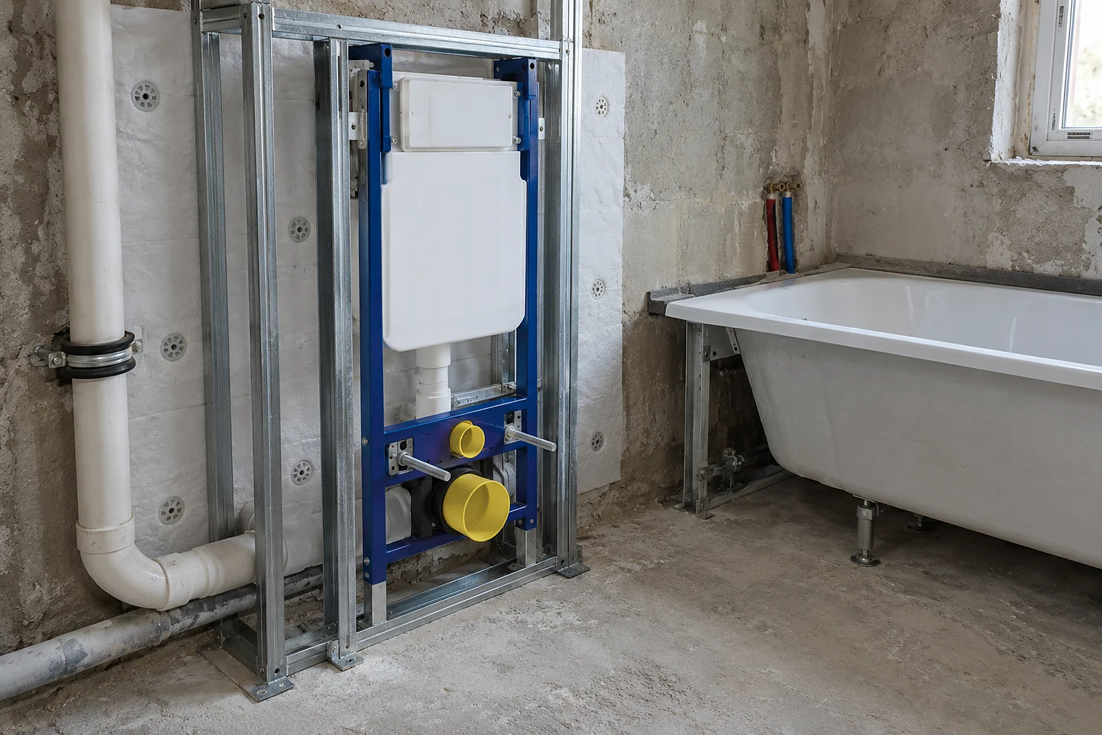 Vorwandinstallation mit Spülkasten, Dämmmatte, entkoppelter Wanne und Schalldämmschelle am Fallrohr