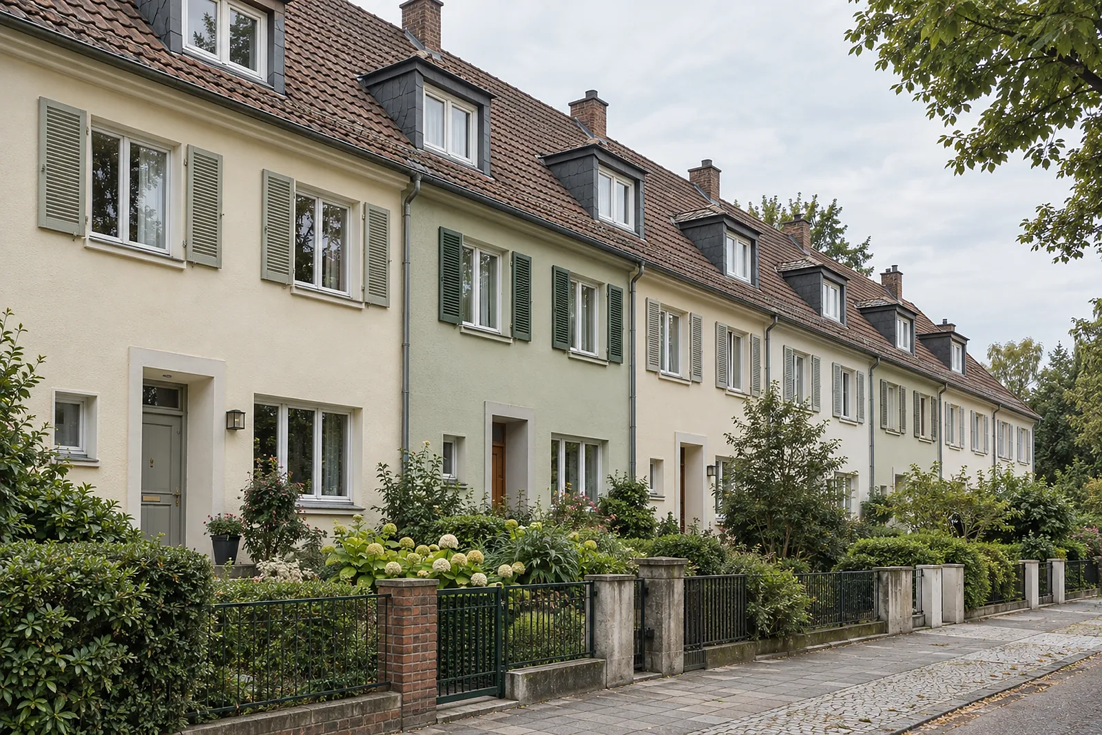 Reihenhauszeile der fünfziger Jahre mit Vorgärten