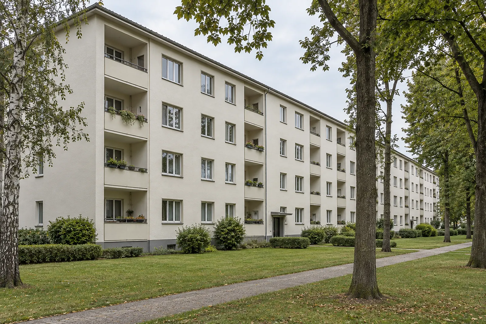 Zeilenbau der fünfziger Jahre mit Loggien und Grün davor