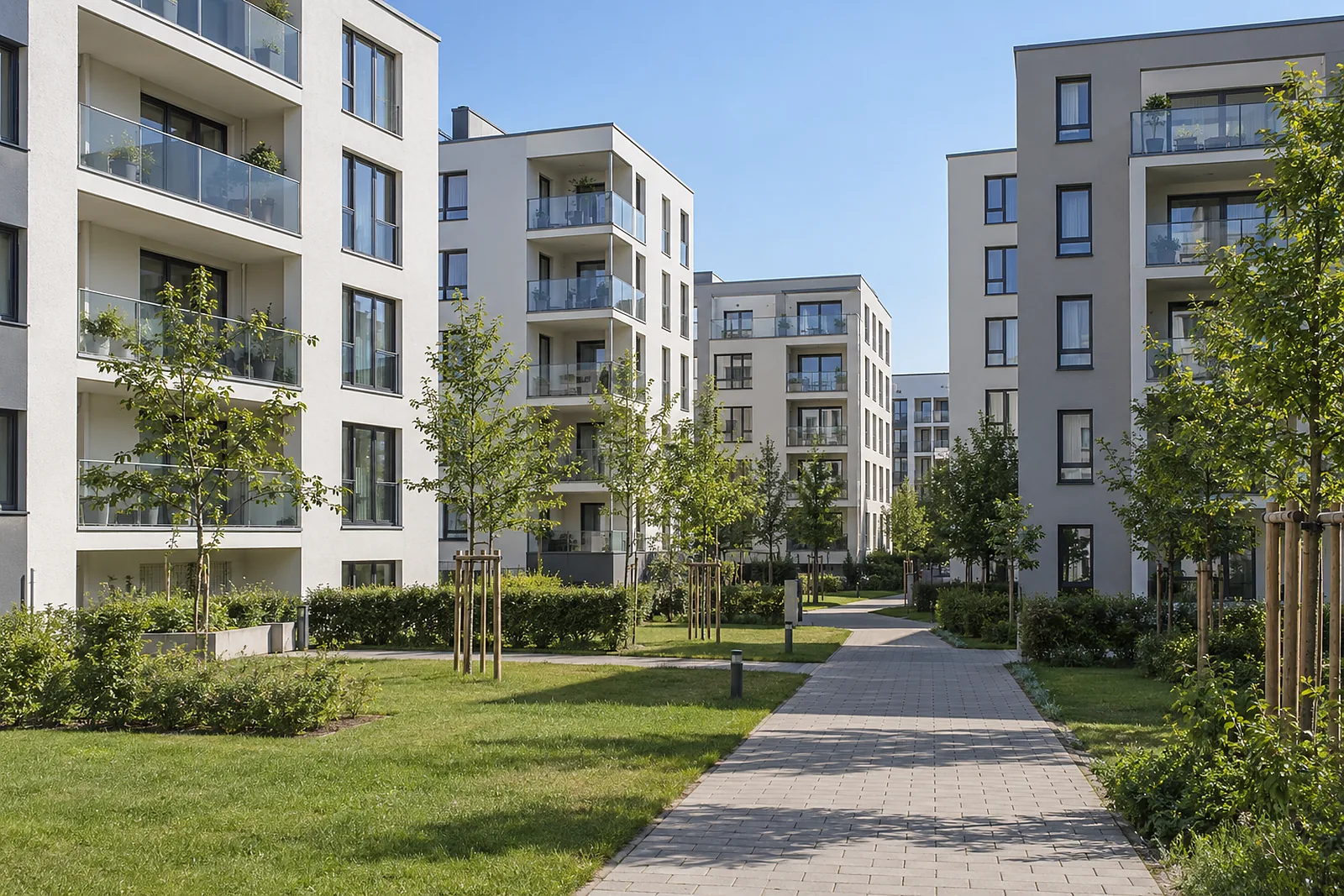 Neubauquartier in Adlershof mit Loggien und jungen Bäumen