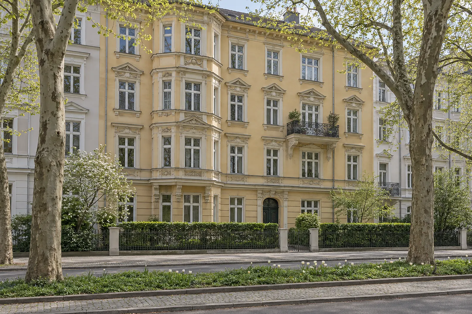 Gründerzeitfassade mit Erker an einer Straße mit grünem Mittelstreifen